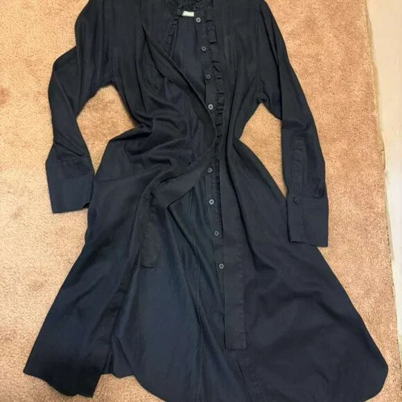 COS Dark Navy Blue Long Shirt Dress | EU34 ~ M | Ruffled Collar | Heavy Cotton - Picture 3 of 7